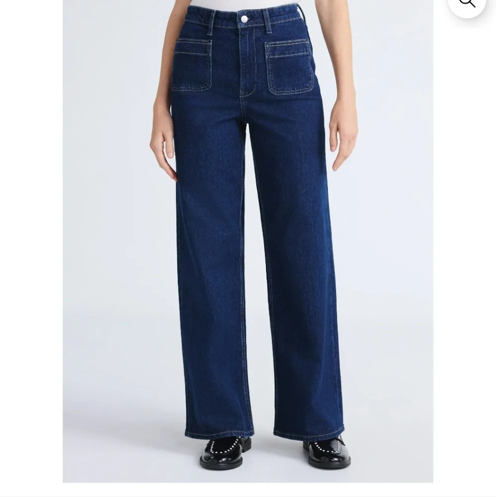 Women's Wide Leg Patch Pockets Dark Blue Jeans - Picture 1 of 6